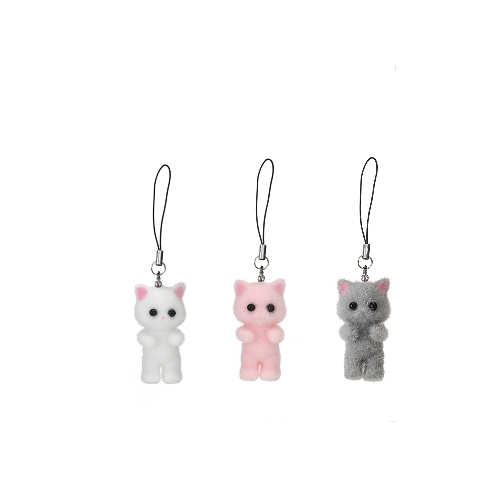 Cute Cat Phone Charms Pink Phone Charm Strap Kawaii Phone Charms Keychain 3PCS, 11, Pink，White，gray