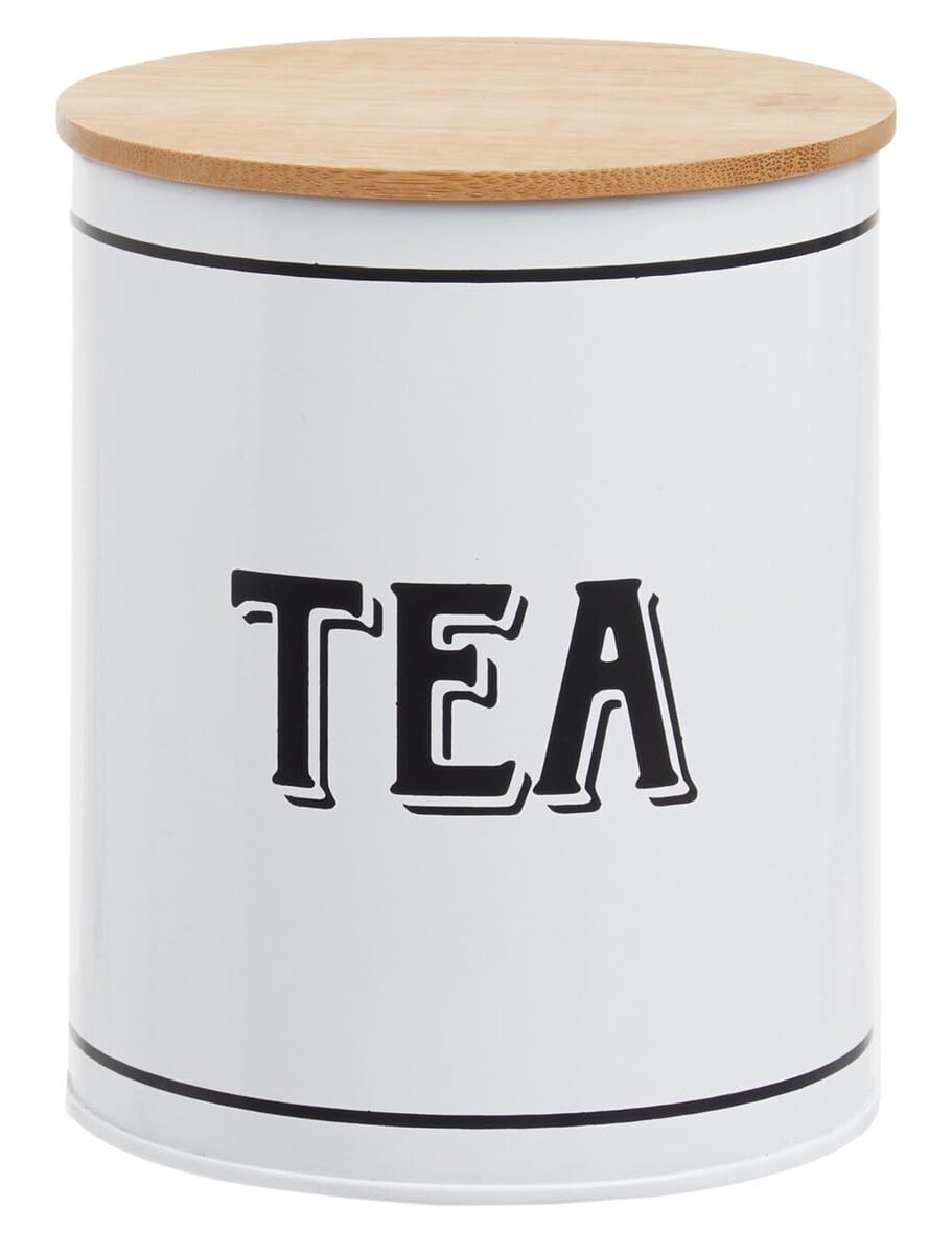 White Metal Tea Canister - Chic Design - Durable Stainless Steel - Airtight Bamboo Lid