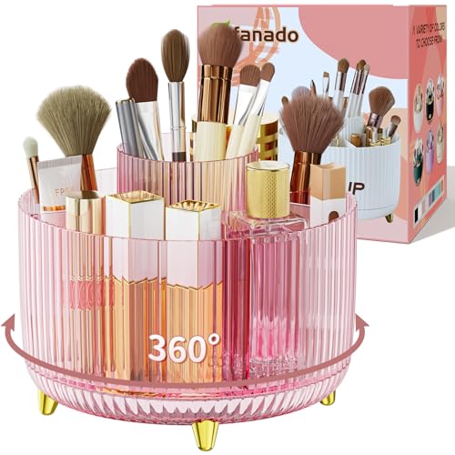 Image of Clear Rotating Makeup Organizer Countertop for Vanity, 360 Makeup Brush Holder Organizer with 5 Compartments, Transparent Cosmetic Storage for Lipstick, Skincare, Bathroom Counter (Transparent Pink)