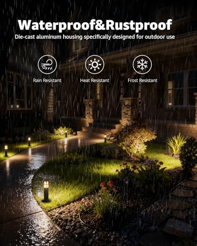 SUNVIE 12-Pack Low Voltage Landscape Lighting Kit LED Bollard Pathway Lights Wired with Spotlights for Garden, Path, Yard, Patio, Cast-Aluminum, IP65 Waterproof, 12-24V AC/DC, 3000K Warm White, Black - Thumbnail 3