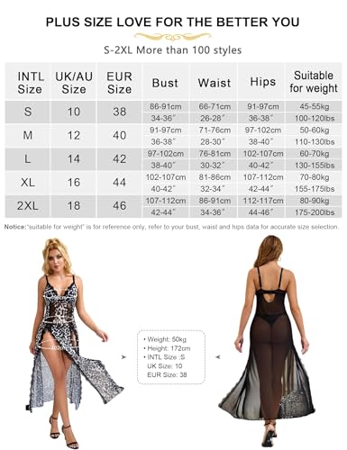 sunshinelady Lang Negligee Damen Sexy Mesh Kleid Mit Schlitz Dessous Set Spitze Lingerie Babydoll V Ausschnitt Unterwäsche Große Größen Transparent Nachtwäsche Mit Slip Schwarz 2XL