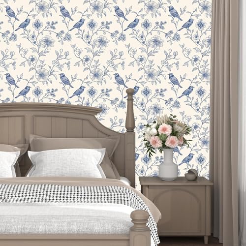 Papier peint floral bleu premium vinyle imperméable beige bohème