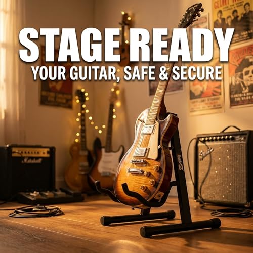 Image of RockJam A Frame Folding Guitar Stand with Cushioned Arms | Folding A frame guitar stand with soft foam arms and neoprene padding for acoustic, electric and bass guitars