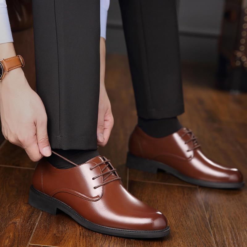 Dress Shoes for Men Lace Up Round Toe Faux Leather Solid Color Derby Shoes Low Top Anti-Slip Slip Resistant Business