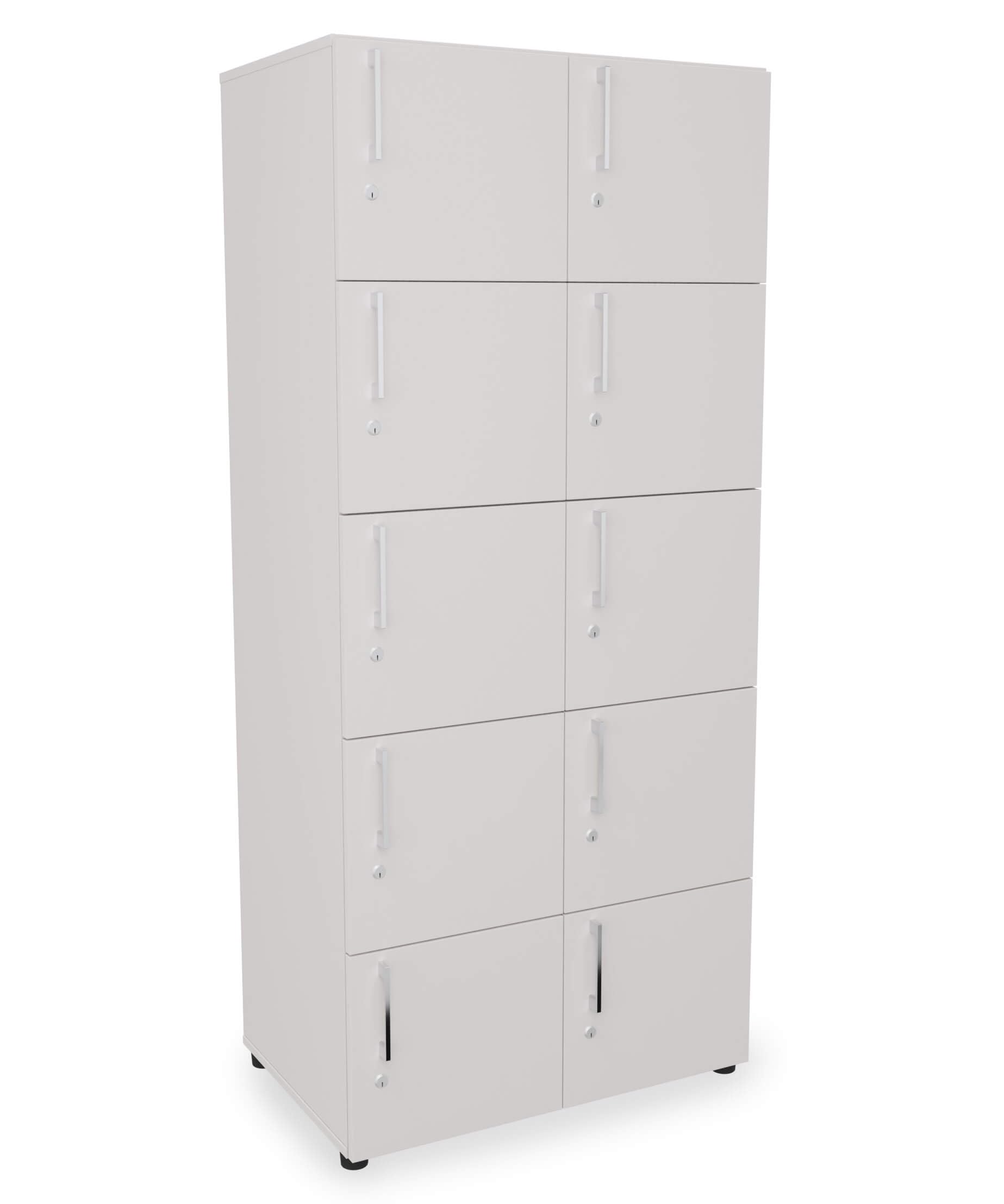Eigentlich Holzspind 8 o. 10 Schließfächer, Garderobenschrank versch. Farben mit Vorhänge- oder Zylinderschloss, Wertsachenspind für Umkleide, Mitarbeiterspind (10 Fächer, Zylinderschloss, Lichtgrau)
