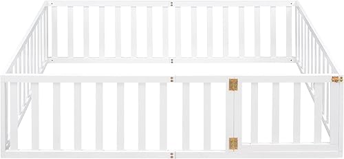 Miniatura 32 de Harper & Bright Designs Cama de suelo tamaño Queen con barandillas de seguridad y puerta, marco de madera para niñas/niños, cama Montessori para