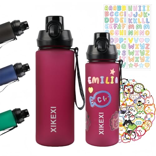 MHwan Trinkflasche Sport, 800ml, DIY-Namens- und Spaßaufkleber, Kohlensäure Geeignet, BPA-Frei, One-Touch-Öffnung, Wasserflasche mit Strohhalm, Geeignet für Schule, Kinder, Gym, Radfahren, Outdoor