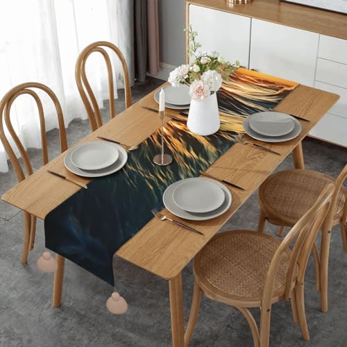 Chemin de table Dawn Ocean Waves 152 cm en coton lin rustique à pompons - 2