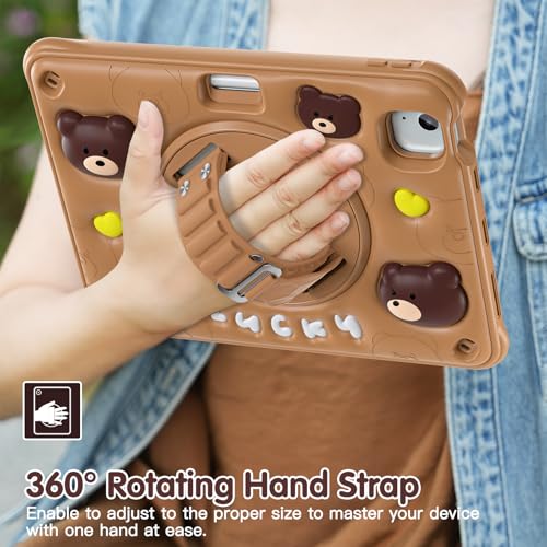 Image of ProElite Cover for iPad Air 11 M4 /M3 /M2 2026 /2025 /2024 / Pro 11 4th /3rd Gen /Air 5 /4 Gen 10.9 inch Case, Tough Bubble Kids Case with Pencil Holder with Rotating Kickstand & Shoulder Strap, Brown