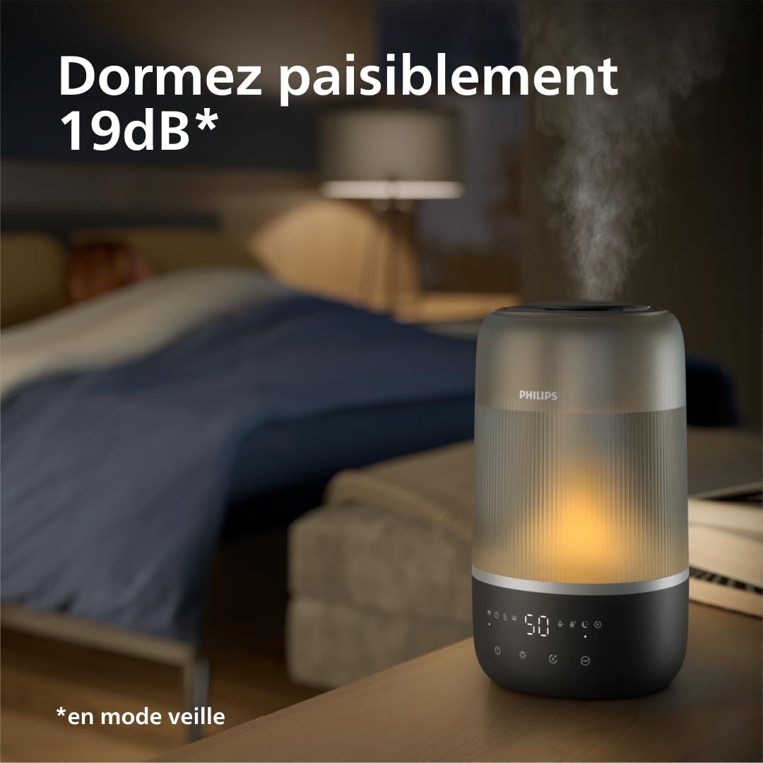 Philips Humidificateur d'air Série 1000 - jusqu’à 41 m², débit de 275 ml/h, taux d'humidité optimal, jusqu'à 32 heures d'autonomie, silencieux 34 dB(A), mode sommeil et veilleuse, Noir (HU1510/03)