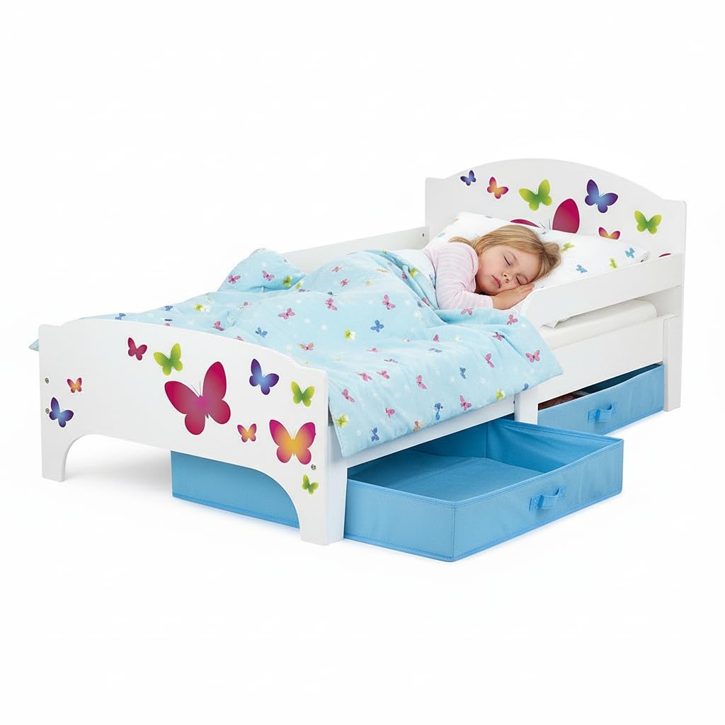 leomark Smart Cama Infantil de Madera - Mariposa - Marco de Cama, Colchón y Cajón, robustro Cómodo Dormitorio Impresa, Muebles para Niños, Espacio para Dormir: 140/70 cm