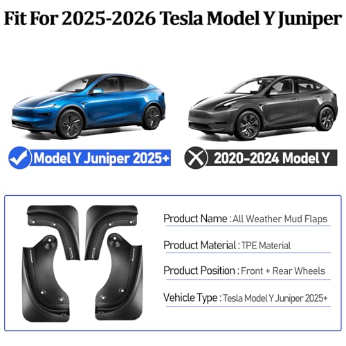 Image of Mud Flaps for 2025-2026 Tesla Model Y Juniper, Black, Set of 4 | No-Drill Splash Guards, Front and Rear, All-Weather, Impact Resistant TPE