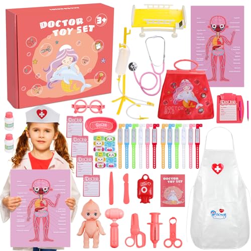 Maletin Brinquedos médicos, brinquedo infantil, 44 peças fonendoscópio brinquedo disfarce kit doutor acessórios jogo de roleplay presentes para meninas meninos idade 3 anos ou mais (coral)