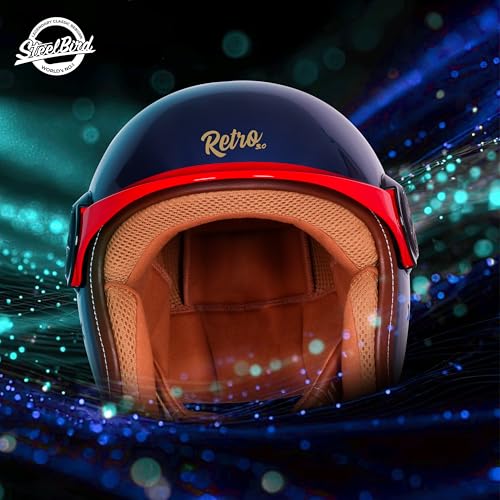 Image of Steelbird SBH 65 Retro 3.0 DOT and ISI Certified Open Face Helmet for Men and Women (X-Large 620 MM,Glossy Armada Blue with Red Peak)