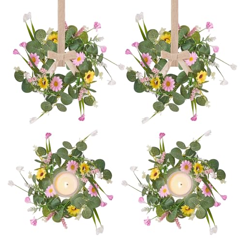 Spring Summer Wreath 4Pcs 11.8 Inch Summer Wreath with Ribbon Artificial Daisy Eucalyptus Leaves Grass Wreath Hanging/Tabletop/Candle Ring Decor for Home Front Door Porch Wall Window Cabinets