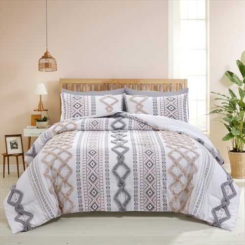 Image of MOVE OVER Tufted Comforter Set King Size Boho Comforter Set 7 Pieces Bed in a Bag King 100% Soft Microfiber Aztec Comforter Set Shabby Chic Farmhouse Style Beige and Gray Fluffy Tufted Bedding Set