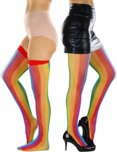 Image of ToBeInStyle Women's Rainbow Bright Multicolor Nylon Thigh High Stockings