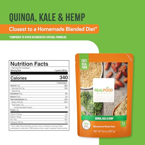Image of REAL FOOD BLENDS Quinoa, Kale & Hemp, Pureed Food Meal for Tube Feeding, 10g Protein, 23 Vitamins and Minerals, 9.4 oz (12 Pack)
