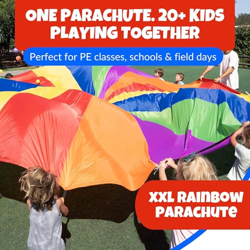 Image of Activejoy - Parachute for Kids - 8ft /12ft / 16ft / 20ft / 24 ft / 30ft - Rainbow Parachute Toy with Handles - Great for Gym Class, Field Day & Outdoor Games