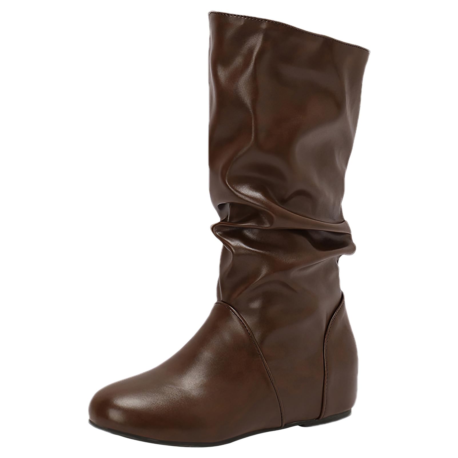 rismart Women Hidden Wedge Slouch Boots Zip Mid Calf PU Leather Winter Boot