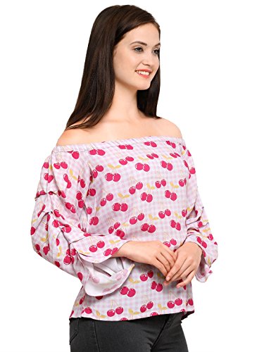 Image of Smarty Pants Women Cherry Print Off Shoulder Top (Pink)
