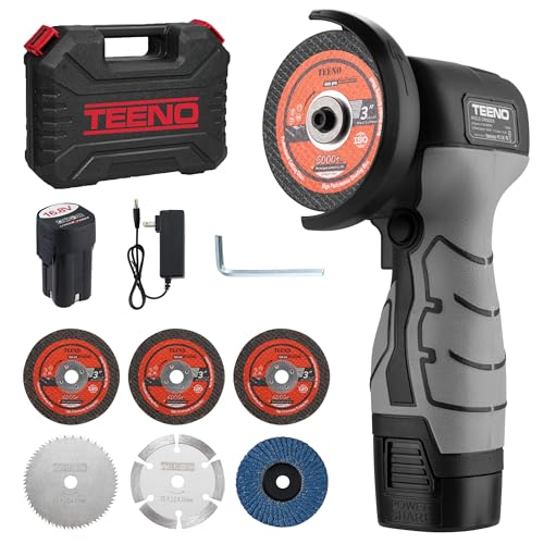 TEENO Mini Amoladora Angular Inalámbrica 16,8V, Radial de Batería 76 mm 19.500 RPM, Kit con 2 Baterías 2000 mAh, Cargador, 6 Discos y Maletín, para Cortar, Lijar y Pulir