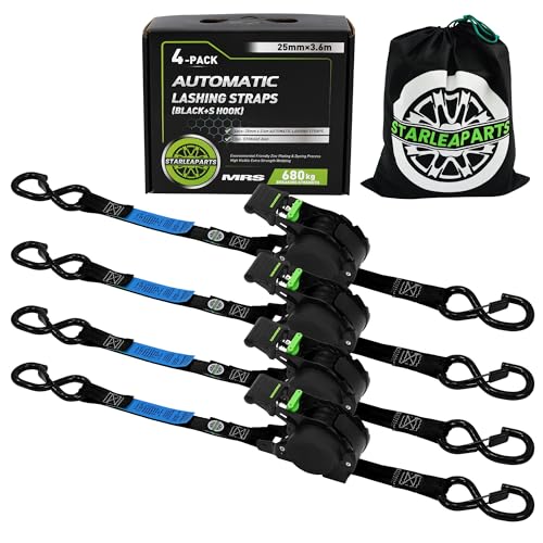 StarLeaparts Lot de 4 Sangles à cliquet rétractables, 680KG de résistance à la Rupture, 3.6m 25mm d'arrimage à rétraction Automatique, Sangles a Cliquet Automatique pour Moto, Kayak et Camion, Noir
