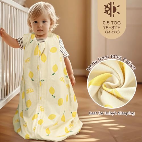 Image of PHF 100% Organic Cotton Baby Sleep Sack 12-18 Months, Soft Lightweight Wearable Blanket for Babies, 2-Way Zipper 0.3 TOG Comfy Toddler Sleeping Sack 3 Pack for Boys Girls Neutral, Lemon (Large)