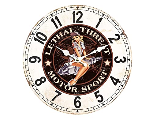 SGRIMALT Horloge Bois MDF Vintage : Pin-up et Bougie, Menace létale, Diam 34 cm Blanc, Marron