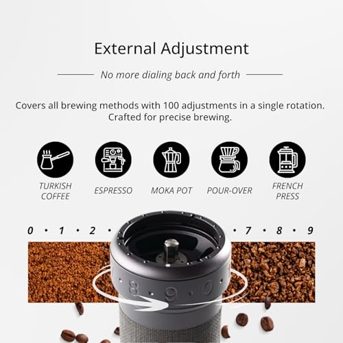 Image of 1Zpresso K-Ultra Manual Coffee Grinder, with Numeric Grinding Degrees Scale, Stainless Steel, Hot Conical, Round, Folding Crank, Silver, with Carrying Bag
