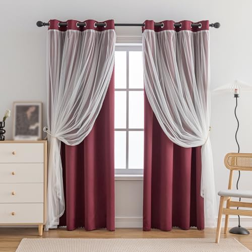 Image of Anytime Double Layer Blackout Curtains 2 Panels,52Wx120L,Wine Red | Sheer And Fabric Window Drapes Grommet Top Solid Color Bedroom Living Room Home Decor