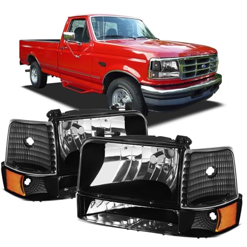 Cxdar Headlights for 1992-1996 Ford F150 Bronco LED Headlight Assembly for 92-97 F250 F350 Super Duty Black Housing Amber Reflector