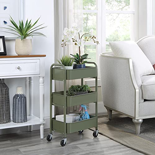 Image of SunnyPoint 3-Tier Delicate Compact Rolling Metal Storage Organizer - Mobile Utility Cart Kitchen /Under Desk Cart with Caster Wheels - Army (15.35 inch X 10.24 inch X 26.8 inchH)