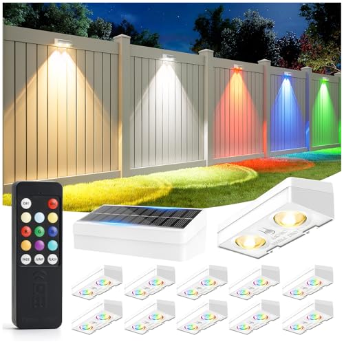 JOFIOS Fence Lights Solar Powered with Remote, 9 Fixed Colors ＆ Color Changing White Fence Lights Waterproof IP65 Dusk-to-Dawn LED Deck Lighting for Patio, Railing, Pool, Porch, Backyard, 12 Pack