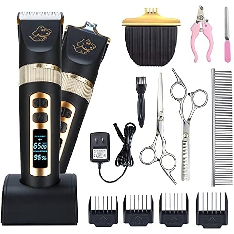 Otstar Professional Dog Grooming kit, 3 Speed Rechargeable Cordless Dog Clippers Low Noise Low Vibration, LED Screen Indicate Power/Lubricating/Cleaning Cover