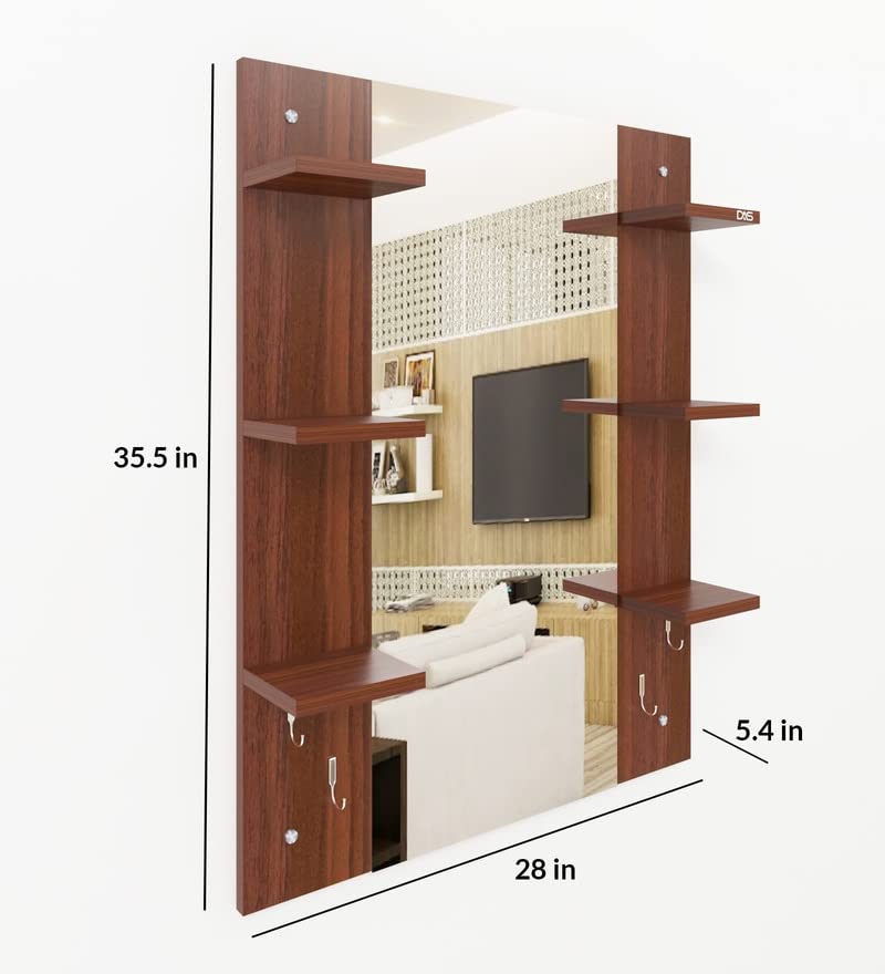 Image of MAMTA Decoration Engineered Wood Wall Mount Dressing Table Mirror with Shelves Storage for Living Room Bedroom (Classic Walnut Finish)