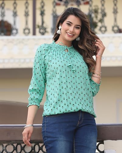 Image of Himanshi Enterprises Women's Traditional Casual 3 /4 Sleeves Mandarin Nack Rayon Floral Printed Short Kurti