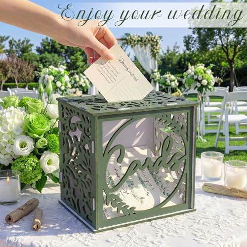 Image of OurWarm Green Wedding Card Box for Receptions, PVC Gift Card Box for Wedding with Acrylic Windows, Envelope Money Gift Box for Anniversary Bridal Baby Showers Graduation Birthday Party