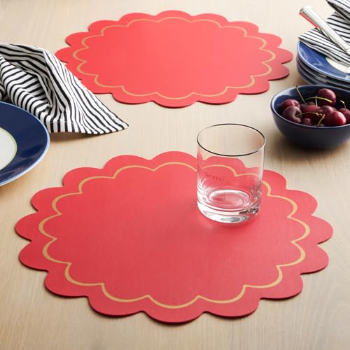 Image of kate spade new york Scallop Edge Round Reversible Placemats 6-Pack Set, Imitation Leather with Metallic Print, Water Resistant, Easy Wipe Clean, Red /Gold, 15 inch Round