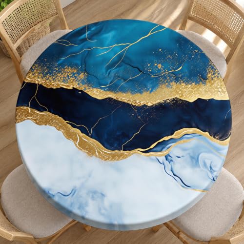 Guxxuil Blue Gold Marble Tablecloth Round Stone Texture Liquid Paint Glitter Artificial Waterproof Wipeable Table Cloth Cover Table Pad Cover for Dining Room Fitted 40-44 inch