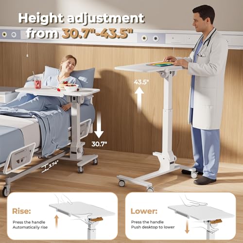 Image of JOY worker Foldable Mobile Standing Desk, 180 Tiltable Overbed Bedside Table with 4 Lockable Wheels, 31.5 inch Height Adjustable Rolling Laptop Desk for Home & Hospital Use, Easy Storage, White