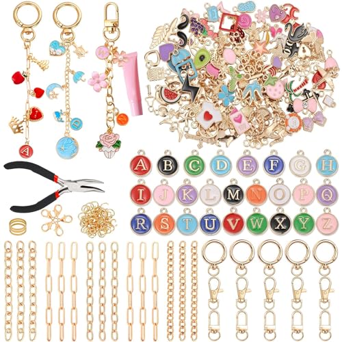 ATJUMP 263Pcs Charms Lip Gloss Keychain Making Kit DIY Craft Supplies with Charms Key Chain Hooks Jump Rings Lobster Clasps Chains & Tools Jewelry Making Kit for Custom Keychains Bags