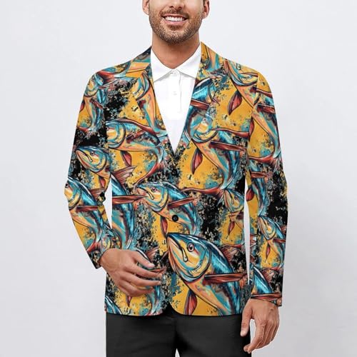 Tuna Fish Watercolor Men's Slim Suit Long-Sleeve Prom Tuxedo Classic Two Button Business Jacket2