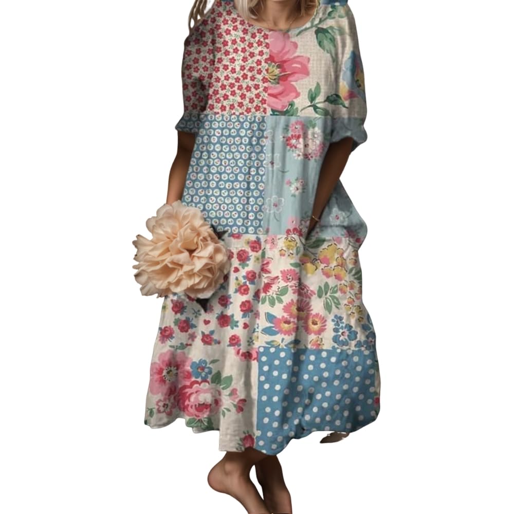 Womens Oversized Cute Short Sleeve Flower Floral Maxi Dresses Summer Casual Crew Neck Empire Waist Long Flowy Dress
