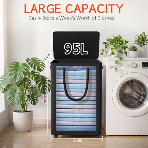 Image of Slim Laundry Hamper with Wheels,25 Gal (95L) Rolling Laundry Basket with lid and wheels Clothes Hamper Foldable Tall Dirty Clothes Basket Sturdy Collapsible Clothes Hamper for Dorm,Laundry Room