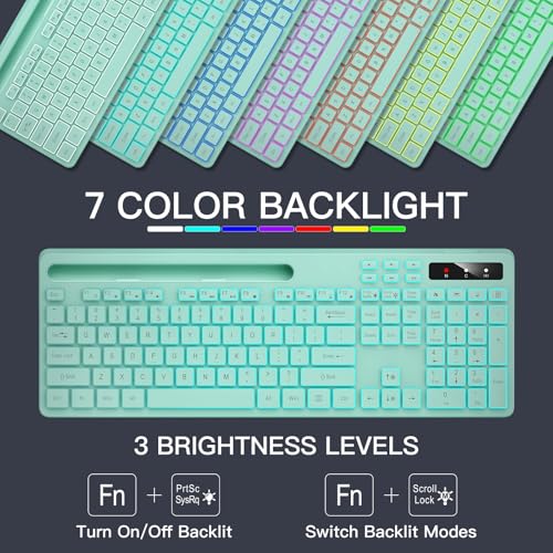 Image of Wireless Keyboard with 7-Color RGB Backlit, Soueto Full-Size Computer Keyboard with Phone Tablet Holder, 2.4G Rechargeable Gaming Keyboard with Light Up Keys, Compatible with Mac, Windows (Mint Green)
