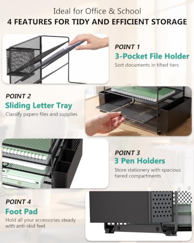 Image of WALI Desk File Organizer, 7 Tier Desktop Paper Letter Tray Organizer with Drawer and 3 Pen Holders, Office Desk Accessories & Workspace Organizers for Office, Home, School Supplies, 1 Pack, Black
