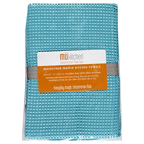 MUkitchen Microfiber Waffle Dishtowel, 17 by 25-1/2 Inches, Set of 2, Sea Blue