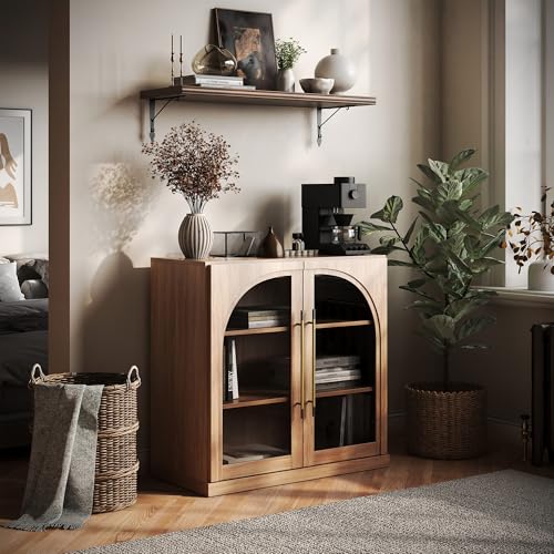 Image of BELLEZE Modular Sideboard with Arched Glass Door, Accent Display Buffet Cabinet with Storage and Adjustable Shelves,Classic Modern Credenza for Living Room Kitchen Entryway (Camel)