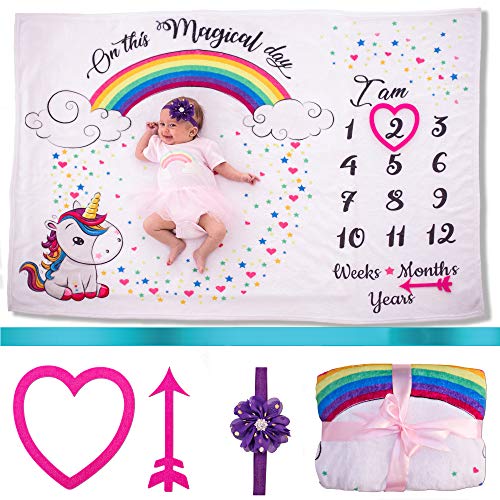 Image of Baby Monthly Milestone Blanket, Cute Unicorn Design | Thick Fleece for New Mom | Newborn Baby Age Blanket for Girls | Photography Prop Background Blanket